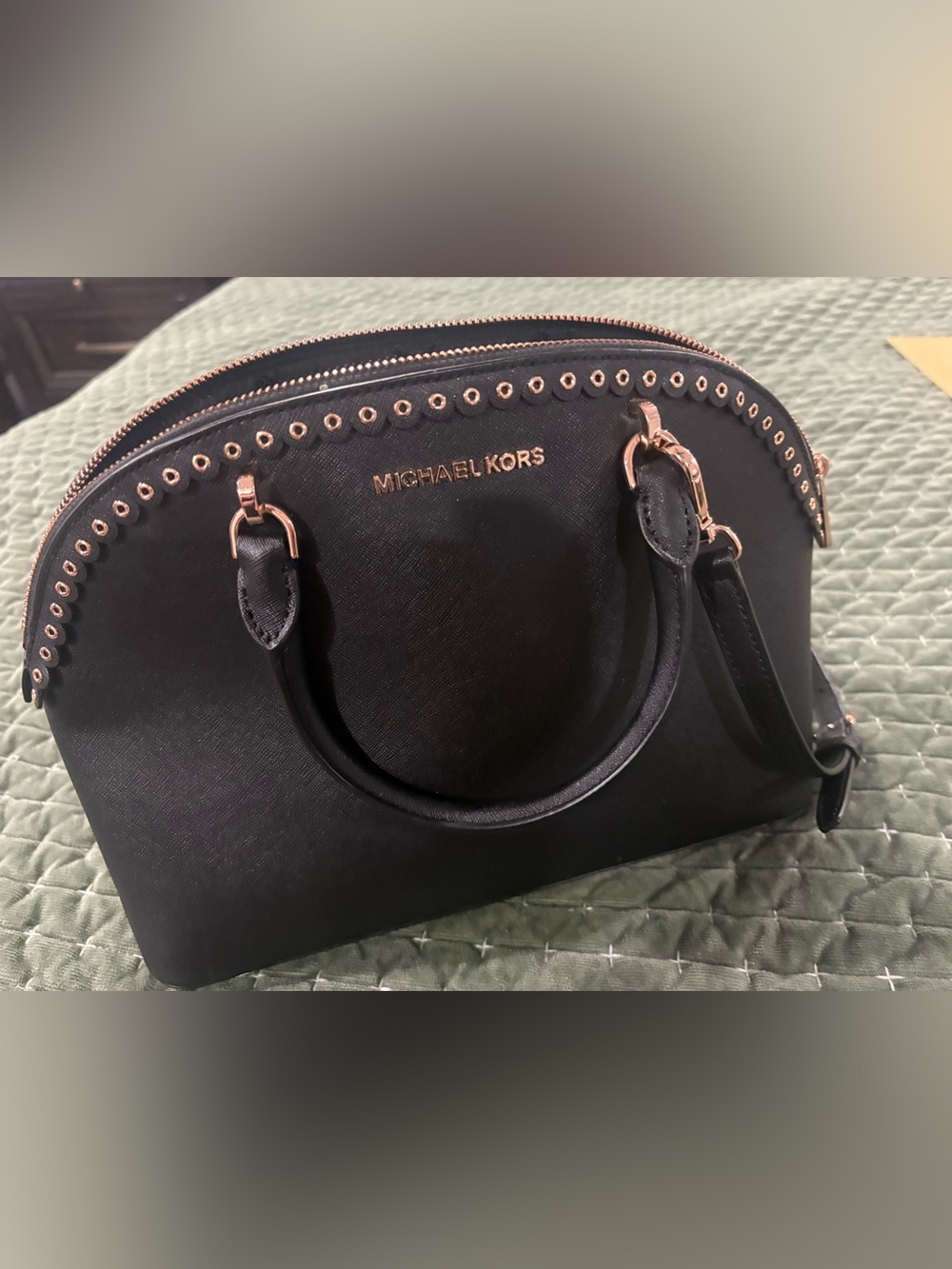 Michael Kors black Emmy leather dome style handbag purse with rose gold hardware